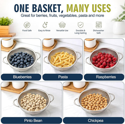 Palksky Stainless Steel Colander Set with Self-Draining Base, 3 Sizes Colanders & Food Strainers for Pasta, Rice, Fruits & Veggies, Metal Colander with Draining Plate for Sink or Countertop