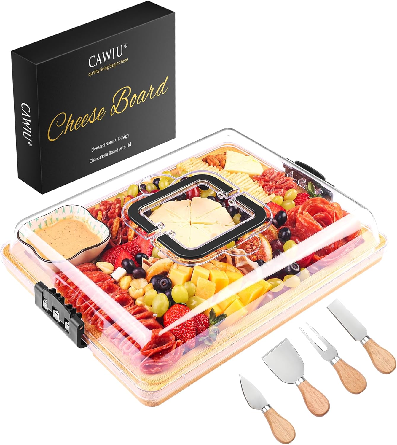 CAWIU Portable Travel Charcuterie Board with Lid and Handle - Large Bamboo Cheese Board with 4 Cheese Knife Set for Outdoor, Picnics - Weddings, House Warming Gift for Women (1 Compartment, White)
