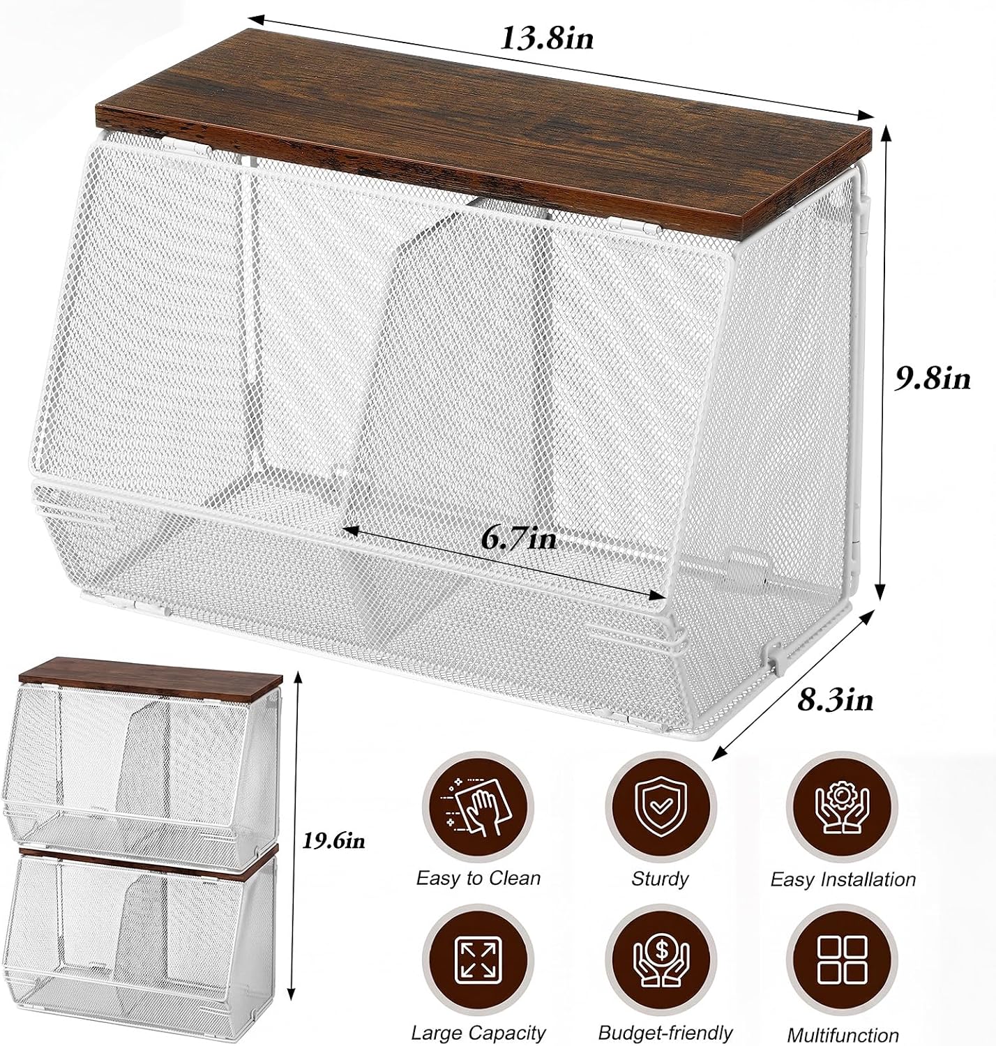 Teenyyou 2 Pcs Stackable Mesh Fruit Basket with Lid Wall Produce Vegetable Storage Basket Onion Potato Hanging Metal Wire Container for Kitchen Counter Pantry(Non-removable,Black,8.3" w & 13.8" l)