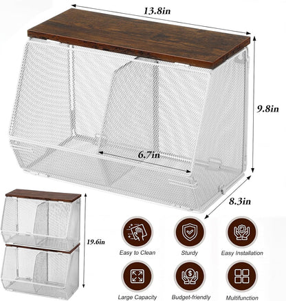 Teenyyou 2 Pcs Stackable Mesh Fruit Basket with Lid Wall Produce Vegetable Storage Basket Onion Potato Hanging Metal Wire Container for Kitchen Counter Pantry(Non-removable,Black,8.3" w & 13.8" l)