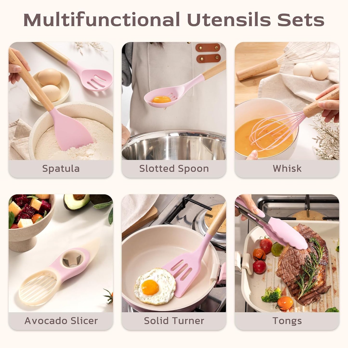 Astercook 39 PCS Kitchen Utensils Set, Silicone Cooking Utensil Sets with Wooden Handle, 446°F Heat Resistant Food Grade Spatula Set, BPA Free Kitchen Gadgets Tools Set & Spoons for Nonstick Cookware