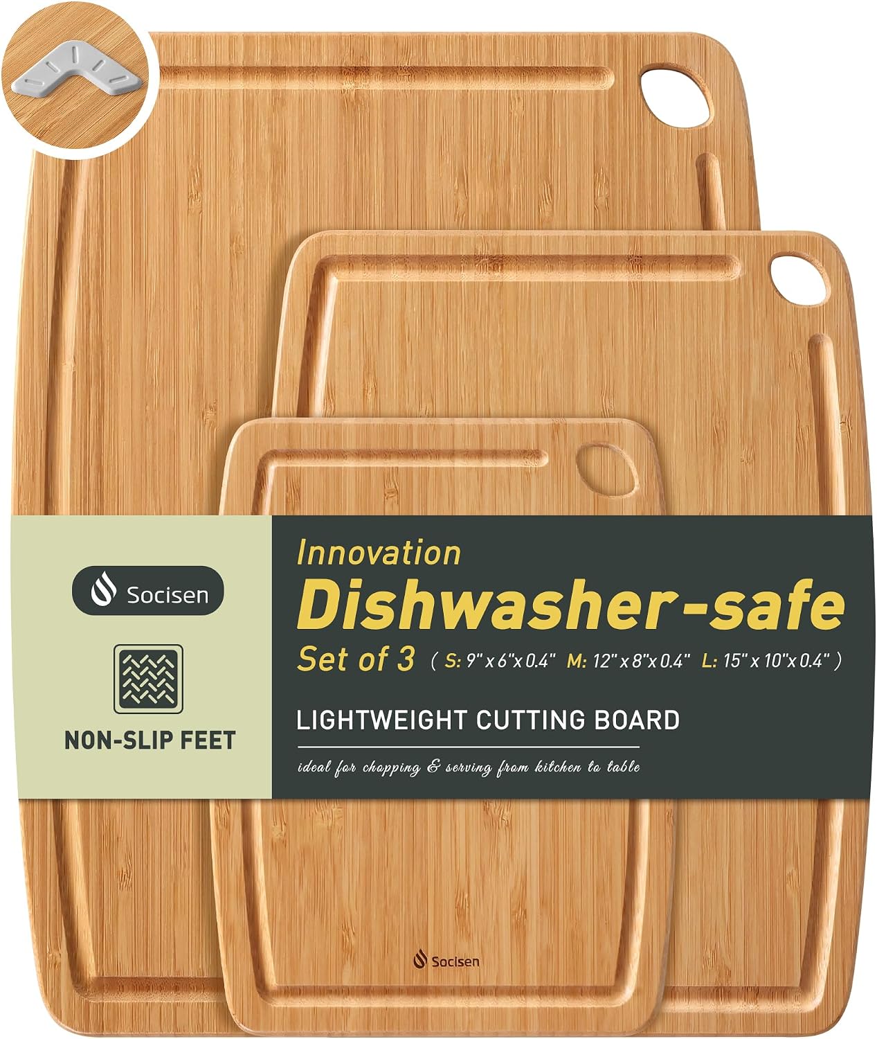 Lightweight Durable Bamboo Cutting Board Set with Non-Slip Feet, Wood Cutting Board for Busy Kitchen, Easy Clean Wooden Chopping Boards with Juice Groove Best House Warming Gift Set of 3 (S+M+L)