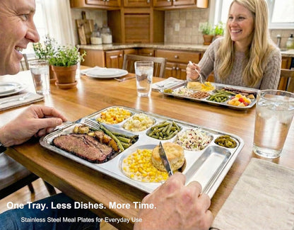 Korean Stainless Steel Divided Plates for Adults, Teens, Premium 304, Electro-Polished, No Black Residue, BPA-Free, Large 5-Compartment Food Tray, Diet Portion Control, Camping, Set of 2