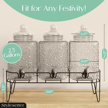 Style Setter Premium Glass Drink Beverage Dispensers - 1.5 Gal, Set of 3 | Dispenser Set with Metal Stand for Parties Cold Drinks, Lemonade, Cocktails, Juice – Party Glass Drink Dispenser Station
