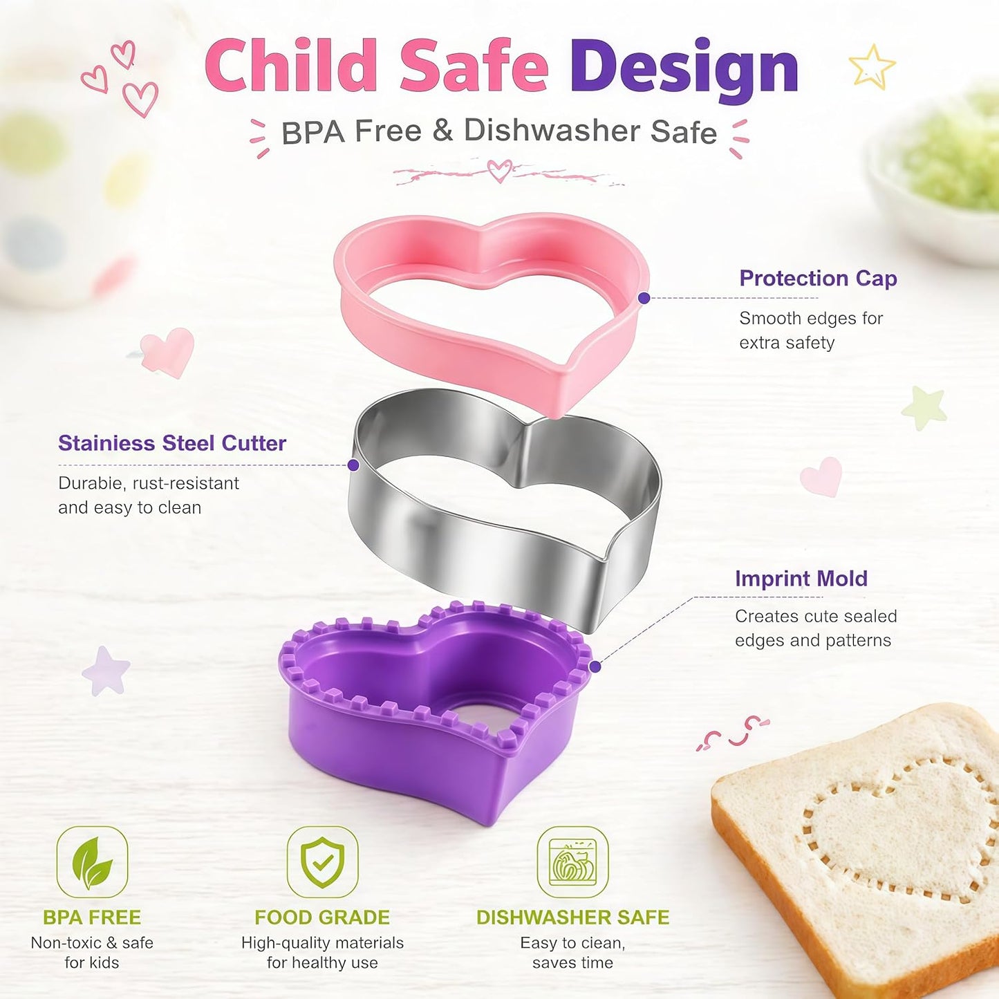 Uncrustable Sandwich Cutters Set 34pcs, 6pcs Sandwich Cutter and Sealer and 18pcs Fruit Cutter Shapes for Kids with 10pcs Cute Animal Forks, Ideal for School Lunch Boxes and Bento Boxes Boys Girls