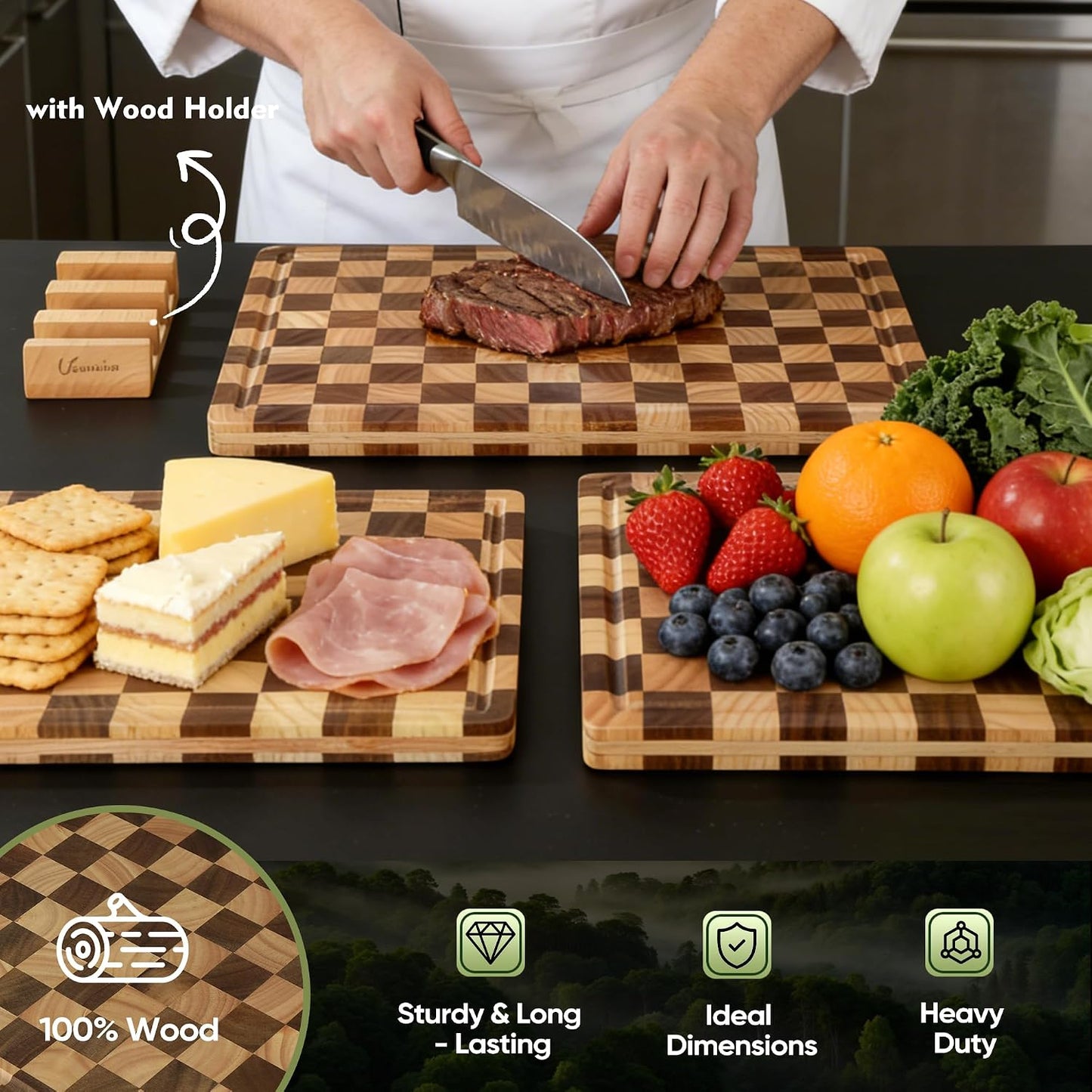 Heavy Duty Bamboo Cutting Board Set 3 Pack Non Toxic Juice Groove Charcuterie Board Book Wood Cutting Boards for Kitchen Solid End Grain Wood Chopping Board Large Butcher Block