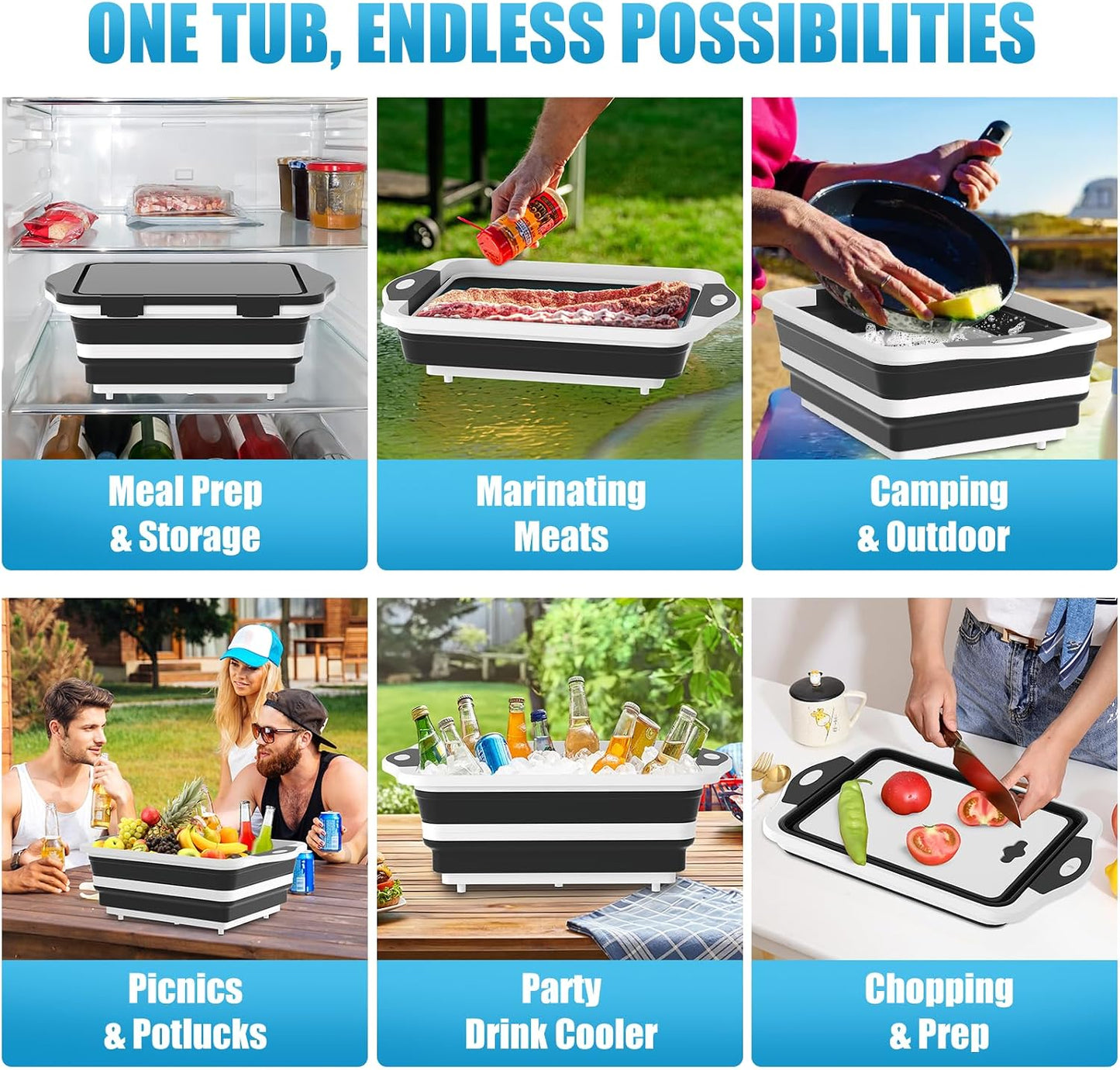HI NINGER BBQ Prep Tub with Lid, Collapsible Camping Sink with Colander, Cutting Board & Knife Set for Grilling, Smoking & Outdoor Cooking, Collapsible Wash Basin for RV Camping Essentials