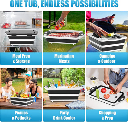 HI NINGER BBQ Prep Tub with Lid, Collapsible Camping Sink with Colander, Cutting Board & Knife Set for Grilling, Smoking & Outdoor Cooking, Collapsible Wash Basin for RV Camping Essentials