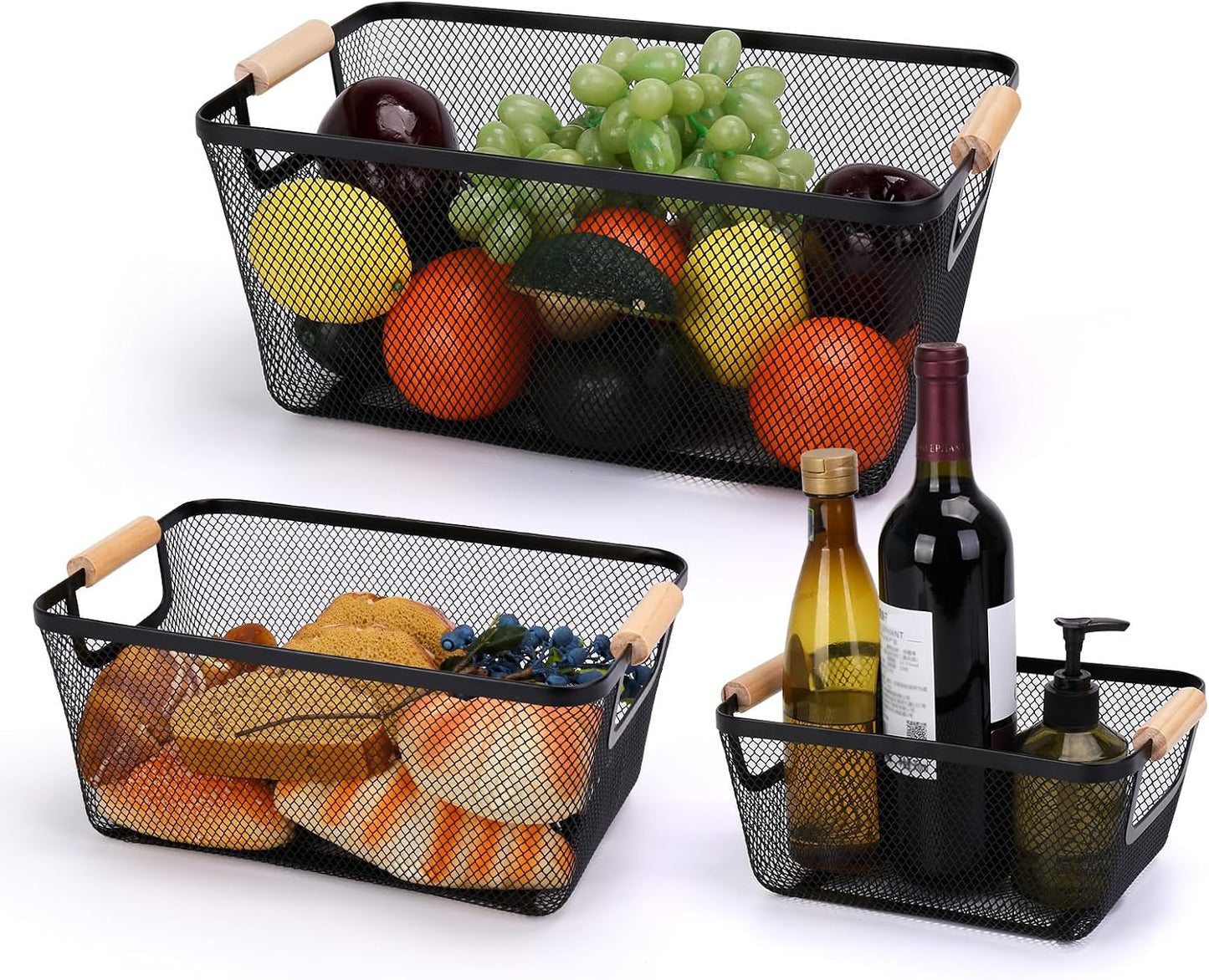 Wire Basket, 3 Pack Metal Mesh Pantry Basket with Wooden Handle for Organizing, 3 Sizes Black Wire Steel Bins Pantry Organizers and Storage, Kitchen Fruit Containers for Shelves Cabinets Organization