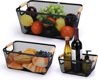 Wire Basket, 3 Pack Metal Mesh Pantry Basket with Wooden Handle for Organizing, 3 Sizes Black Wire Steel Bins Pantry Organizers and Storage, Kitchen Fruit Containers for Shelves Cabinets Organization
