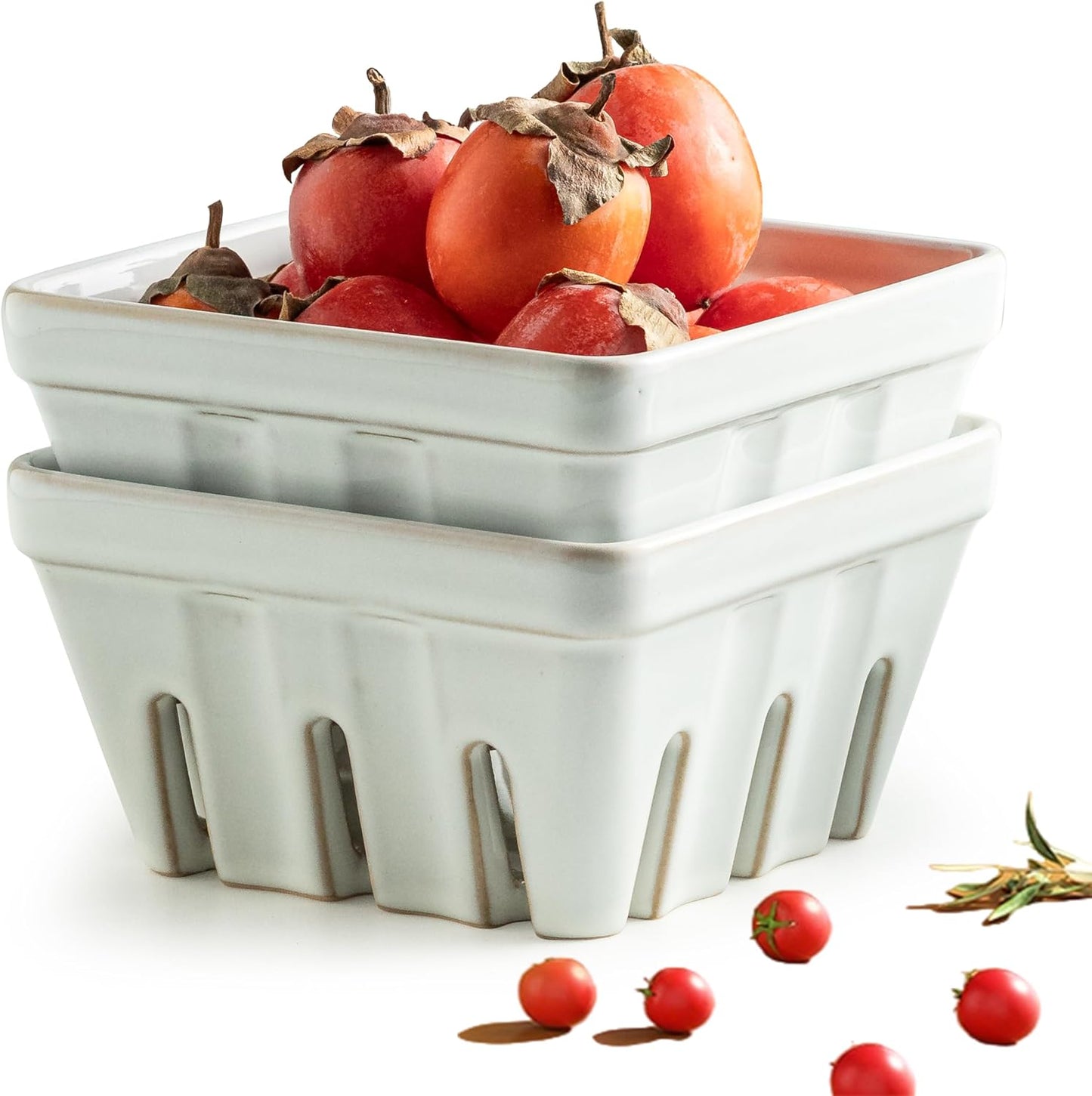 Gomakren Berry Bowls with Holes Ceramic, Berry Washing Bowl Basket Set of 2, 5.8 Inch Round Fruit Bowl Storage Containers, Strawberry Baskets, Farmhouse Kitchen Decor, Yellow + Brown