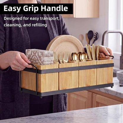 Silverware Caddy for Party, Wood Utensil Caddy with 4 Removable Compartments for Kitchen Countertop Organizing Paper Plate, Fork, Spoon, Napkin