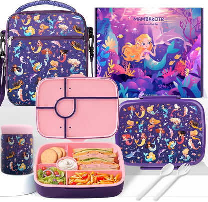 Kids Bento Lunch Box with Thermo Leak-Proof Snack Lunch Containers with Insulated Lunch Bag Utensils Set Back to School Supplies Gifts for Boys and Girls Toddlers Kindergarten Lunch Accessories Blue
