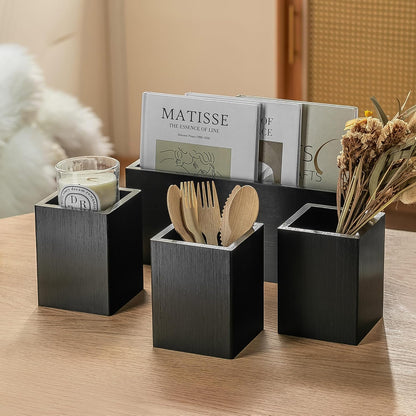 PTSTING Silverware Caddy Wood Utensil Holder Paper Plate Dispenser Silverware Utensil Caddy Cutlery Flatware Organizer Box for Spoons Forks Plates Napkins