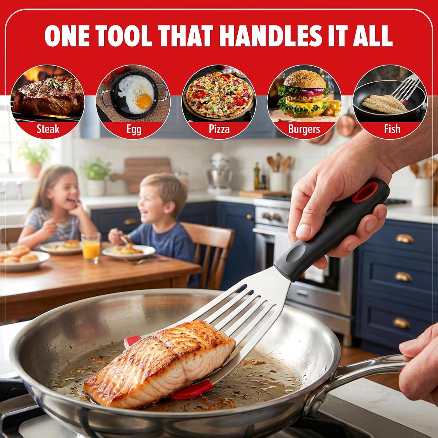 2pcs Silicon Fish Spatula | Heat Resistant | Stainless Steel Turner with Black Handle, Silicone Edge, Thin Slotted Metal Flipper for Nonstick Cookware, Fish, Omelets, Egg, Pancake, Steak