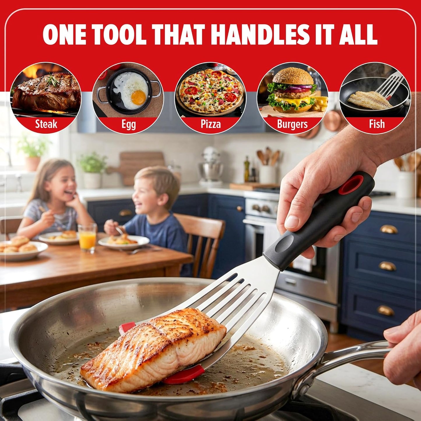 2pcs Silicon Fish Spatula | Heat Resistant | Stainless Steel Turner with Black Handle, Silicone Edge, Thin Slotted Metal Flipper for Nonstick Cookware, Fish, Omelets, Egg, Pancake, Steak