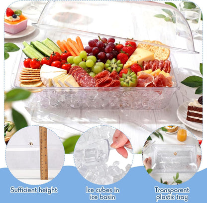 Baderke 16" x 9" Chilled Serving Tray for Parties with lids Compartments Ice Chilled Party Platter Charcuterie Serving Board Cold Dish Dip with Tongs for Fruit Seafood Vegetable (Dark Wood)