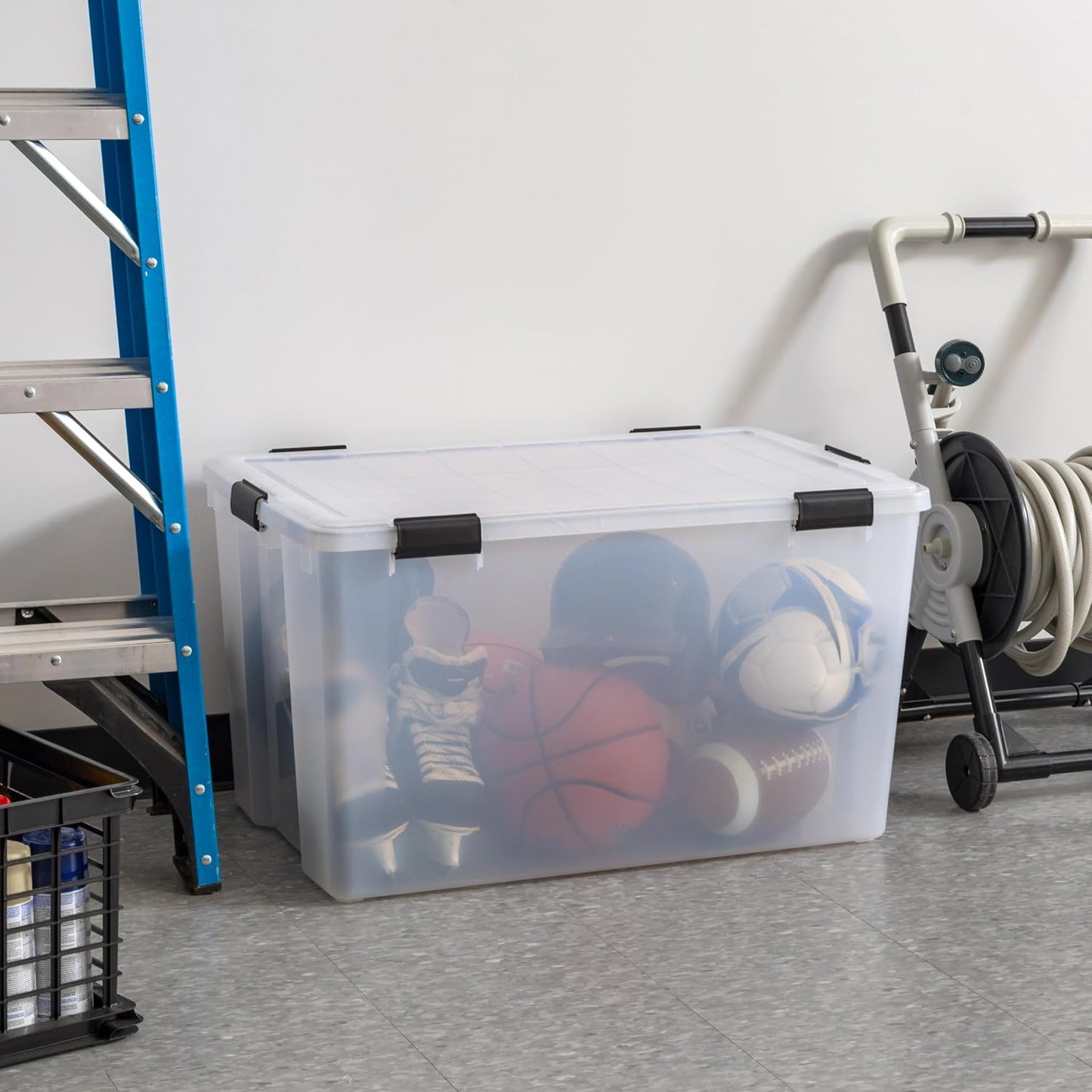 IRIS USA Storage Bins with Lids, WeatherPro Wheeled 106 Qt, Plastic, 3 Pack | Weather-tight gasket, wheels, and secure latches protect camping gear, tools, holiday décor, clothing, and documents.