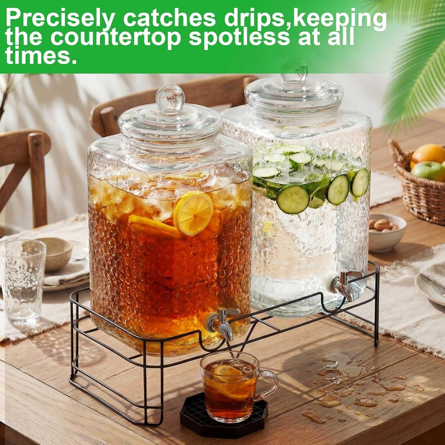 2 Pack 5 Gallon Drink Dispenser with Stand for Parties, Hammered Glass Beverage Dispensers, Stainless Steel Spigots and Drip Trays, Water Jar Jug for Lemonade, Juice, Tea and Party Drinks