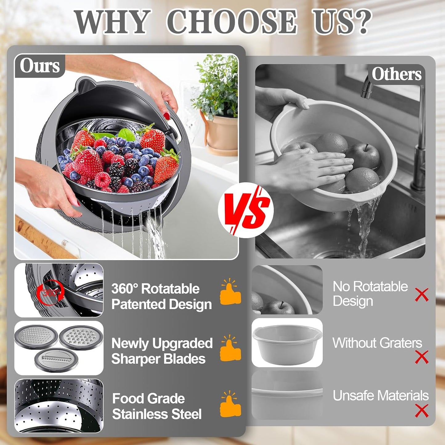 4-in-1 Colander with Bowl Set — Patented 360° Rotatable Strainer Bowl with 3 Graters, Snap-On Lid & Non-Slip Base, Funny Kitchen Present for Women, Aesthetic Pasta Fruit Vegetable Strainer (Beige)