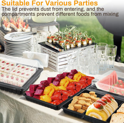 Shellwei 5 Pack Extra Large Charcuterie Board with Lid 15 x 10 Inch 3 Section Divided Catering Trays with Lids Large Disposable Travel Catering Serving Trays Platter (Black)