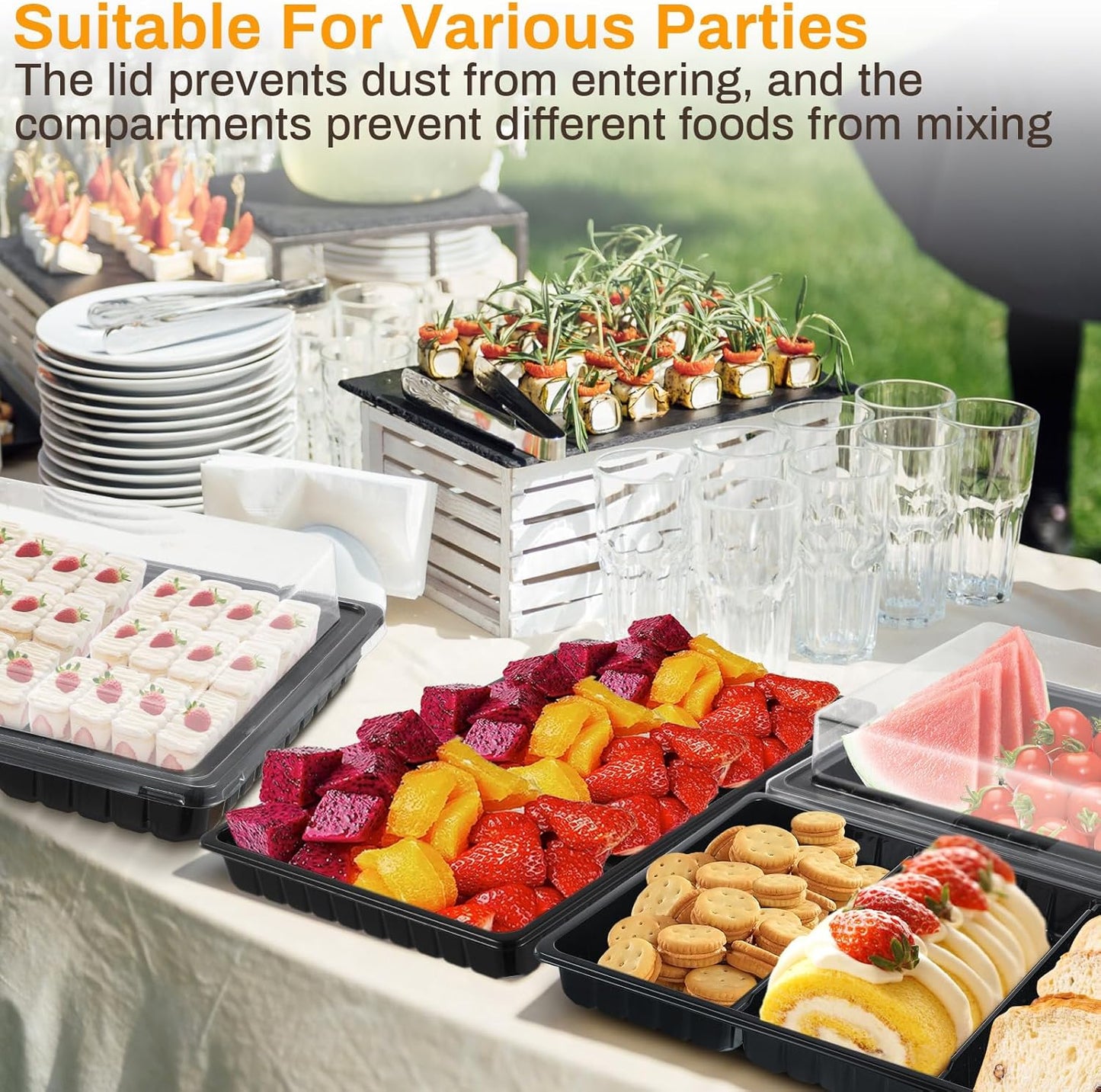 Shellwei 5 Pack Extra Large Charcuterie Board with Lid 15 x 10 Inch 3 Section Divided Catering Trays with Lids Large Disposable Travel Catering Serving Trays Platter (White)