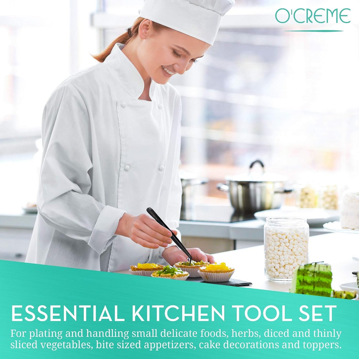 O'Creme 8 Inch Black Stainless Steel Precision Kitchen Culinary Offset Tweezer Tongs