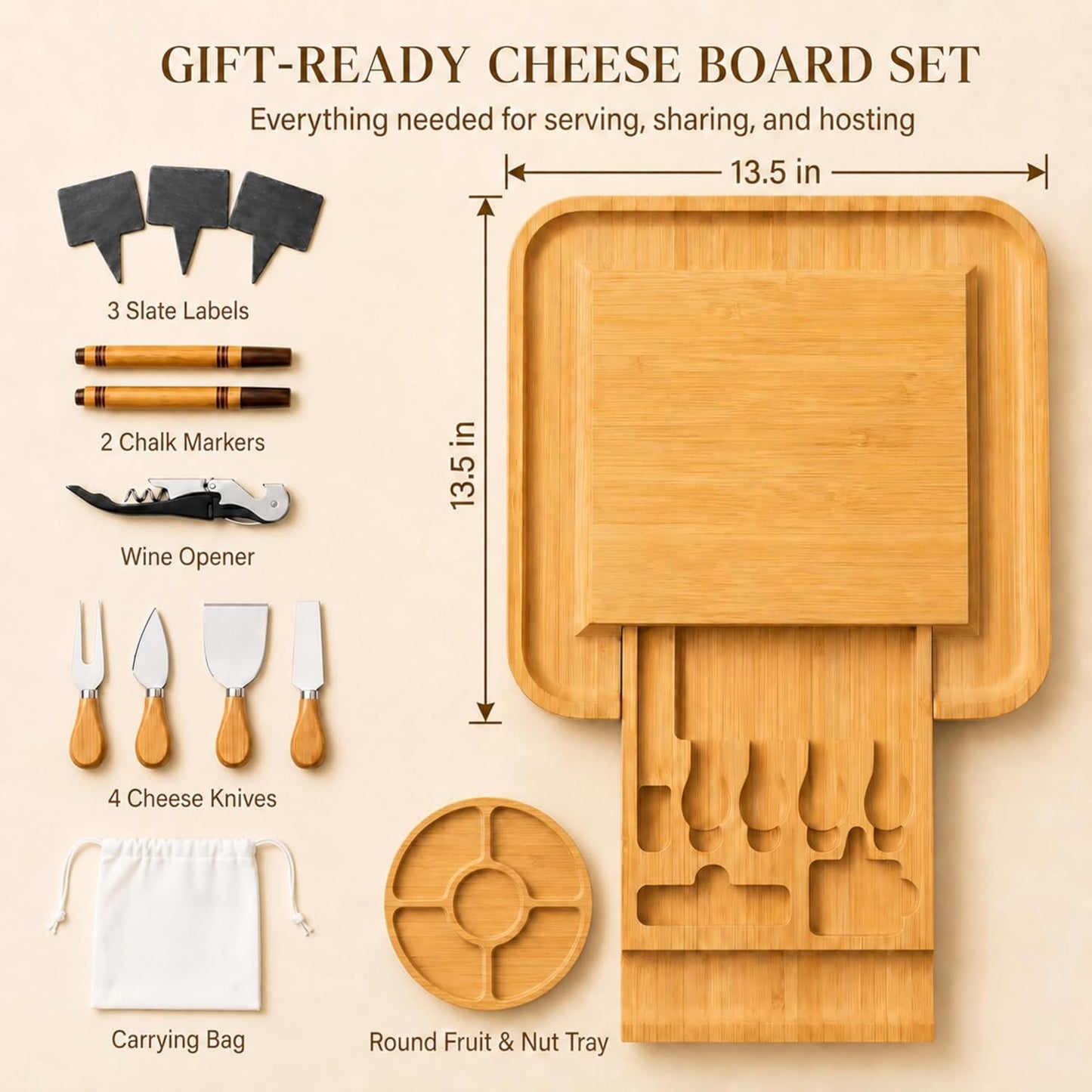 Bambüsi Charcuterie Boards - Large Bamboo Charcuterie Board Set with Knives Serving Accessories, Cheese Tray - House Warming Gifts New Home, Wedding Gift, Bridal Shower Gifts, Birthday Gifts Women Men