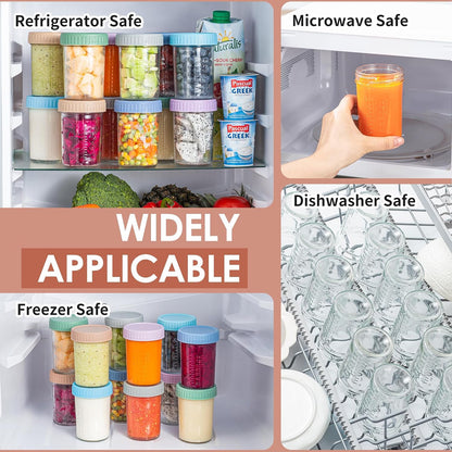 DRKIO 12 Pack Glass Baby Food Storage Containers - 4 Oz Baby Food Jars with Lids Baby Food Maker Microwave Dishwasher Freezer Safe 100% Leak Proof BPA Free Reusable