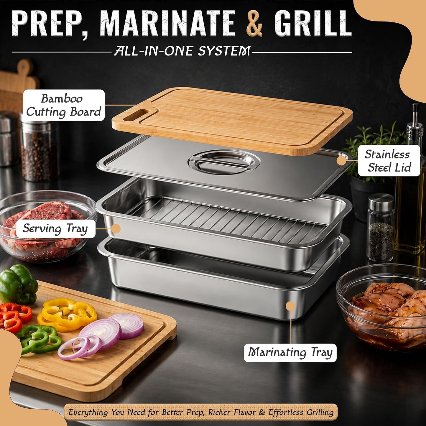 Grill Prep Trays & Serve Set, Stainless Steel BBQ Grill Carrying System with Deep Tray, Shallow Tray, Lid & Cutting Board, Large Capacity Marinating Tray, Portable Grill Container for Outdoor Cooking