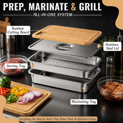 Grill Prep Trays & Serve Set, Stainless Steel BBQ Grill Carrying System with Deep Tray, Shallow Tray, Lid & Cutting Board, Large Capacity Marinating Tray, Portable Grill Container for Outdoor Cooking