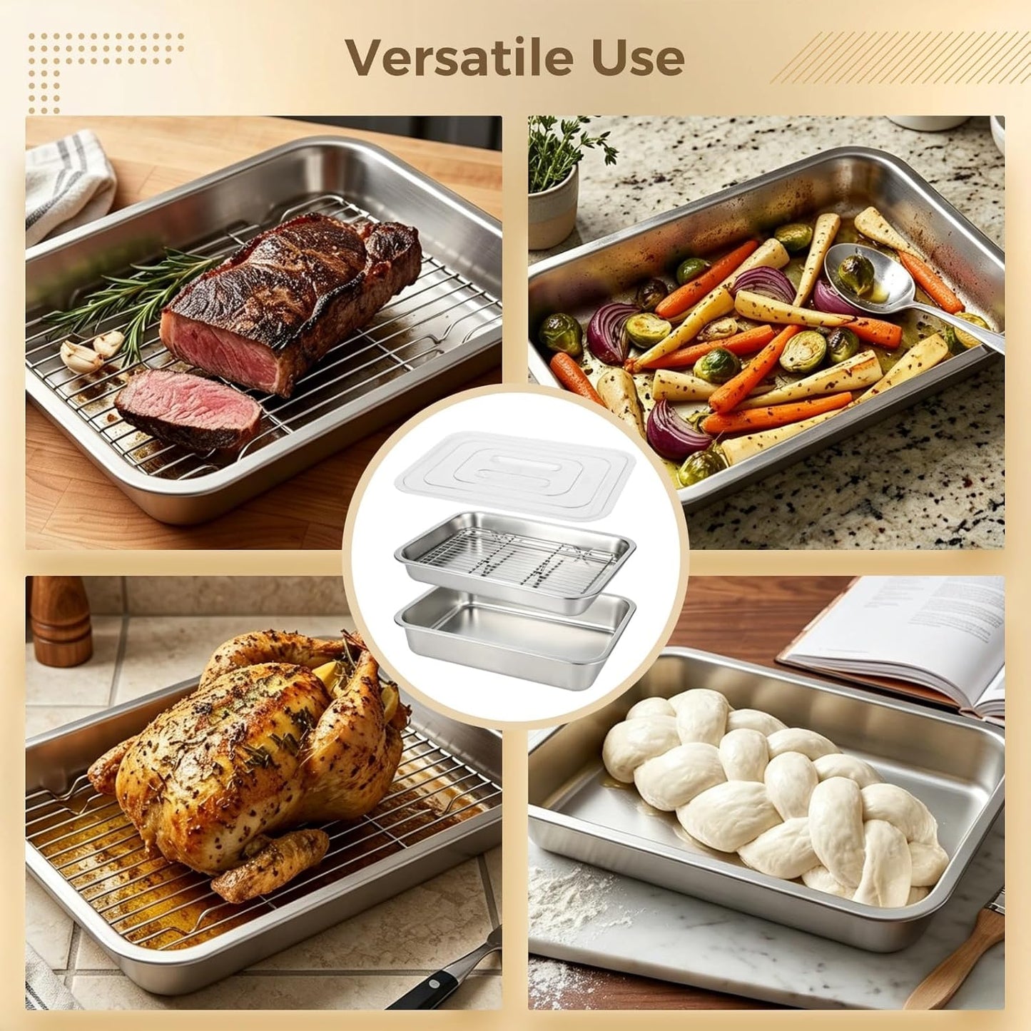ZALIR Grilling Prep & Serve Trays Kit - 15.7 x 11.8 in Large Capacity Stainless Steel Pans with Lid, Rack, Cutting Board, Tongs, Brush for BBQ, Outdoor Cooking
