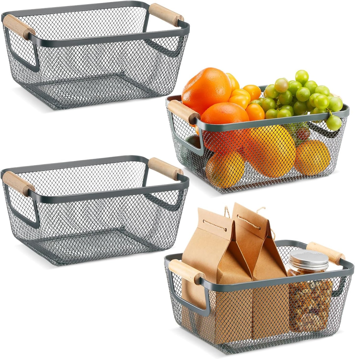 Ziliny 4 Pcs Metal Mesh Wire Baskets with Wooden Handles for Organizing, Pantry Organizers and Storage Steel Bin Kitchen Baskets for Fruit Potato Onion Snacks Bathroom Cabinet(Medium,Cream White)