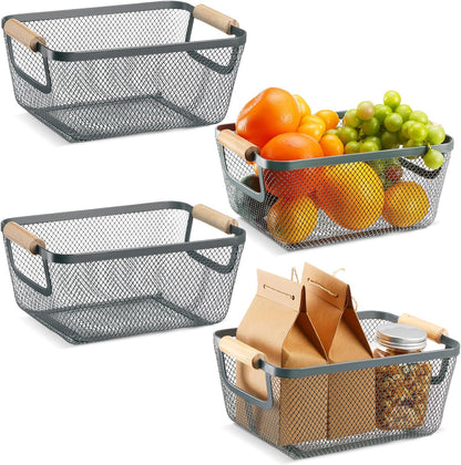 Ziliny 4 Pcs Metal Mesh Wire Baskets with Wooden Handles for Organizing, Pantry Organizers and Storage Steel Bin Kitchen Baskets for Fruit Potato Onion Snacks Bathroom Cabinet(Medium,Cream White)