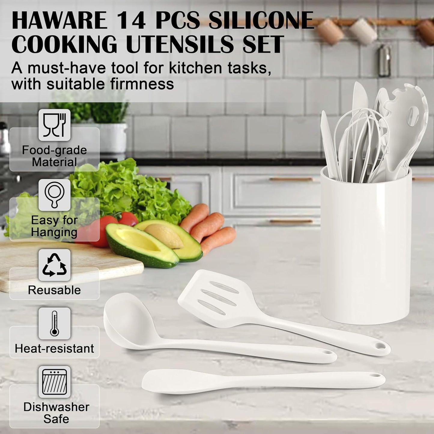 HaWare Kitchen Utensils, 14 PCS Silicone Cooking Utensils Set, Heat Resistant Kitchen Utensils for Non-stick Cookware, Kitchen Gadgets Tools with Spoons, Spatulas, Whisk, Dishwasher Safe (Black)