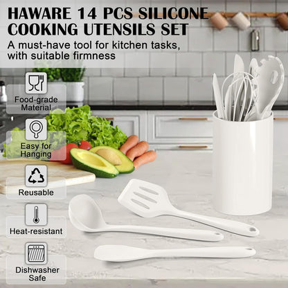 HaWare Kitchen Utensils, 14 PCS Silicone Cooking Utensils Set, Heat Resistant Kitchen Utensils for Non-stick Cookware, Kitchen Gadgets Tools with Spoons, Spatulas, Whisk, Dishwasher Safe (Black)