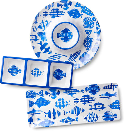Fish Tale 3pc MELAMINE HOSTESS SET – 14.5" Chip Dip, Relish Tray, 19x8" Platter, Cobalt Fish School Art, Shatterproof Outdoor Entertaining, Poolside Party Serving, Mediterranean Coastal Hospitality