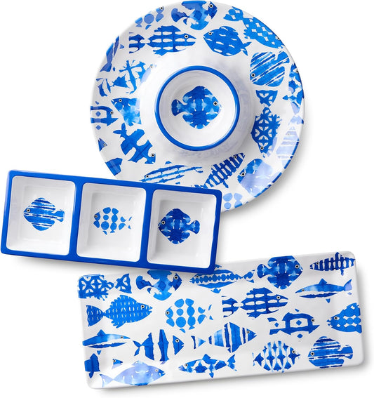Fish Tale 3pc MELAMINE HOSTESS SET – 14.5" Chip Dip, Relish Tray, 19x8" Platter, Cobalt Fish School Art, Shatterproof Outdoor Entertaining, Poolside Party Serving, Mediterranean Coastal Hospitality