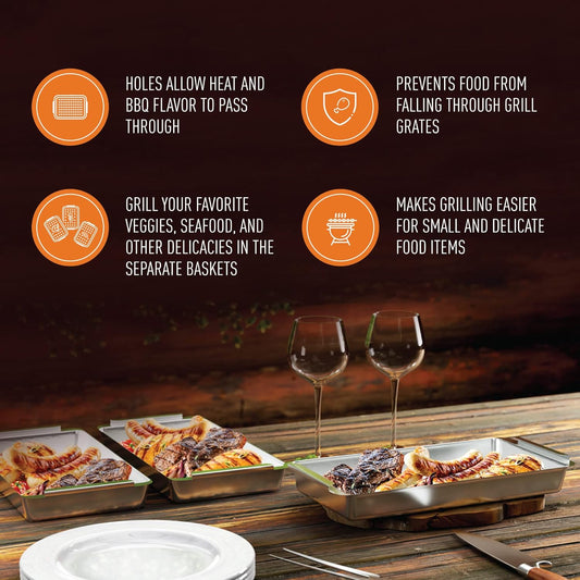 Yukon Glory™ BBQ 'N SERVE Premium Set, Includes 3 Grill Baskets, Serving Tray, Bamboo Cutting Board, Plastic Lid and Clip-on Handle