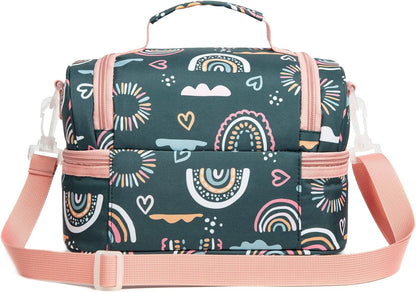 Insulated Kids Dual Compartment Lunch Bags Tote Pack for Girls Boys Toddler Kindergarten School Picnic Cooler Thermal Lunch Boxes with Strap (Green Rainbow)