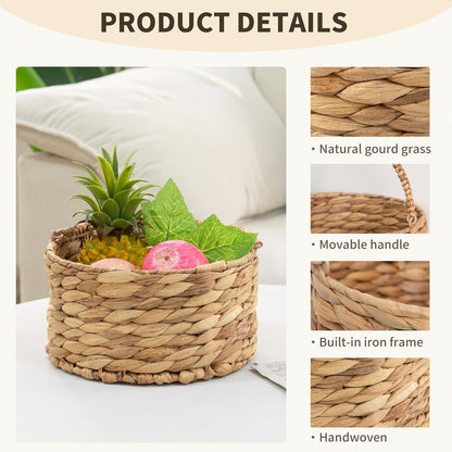 Round Water Hyacinth Storage Basket Handwoven Boho Decor with Handle for Bathroom, Living Room & Kitchen Countertop Organizer 9.84” x 5.51”