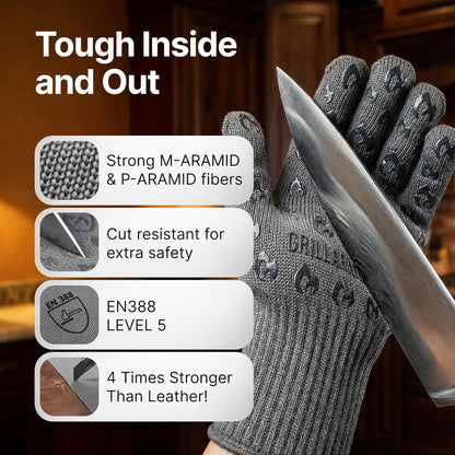 Oven Gloves with Fingers - 932°F Extreme Heat Proof and Cut Resistant Mitts for Kitchen, BBQ, Grill, Baking, Fire Pit - EN407 Certified with Non-Slip Silicone Grip and Cotton Lined for Comfort