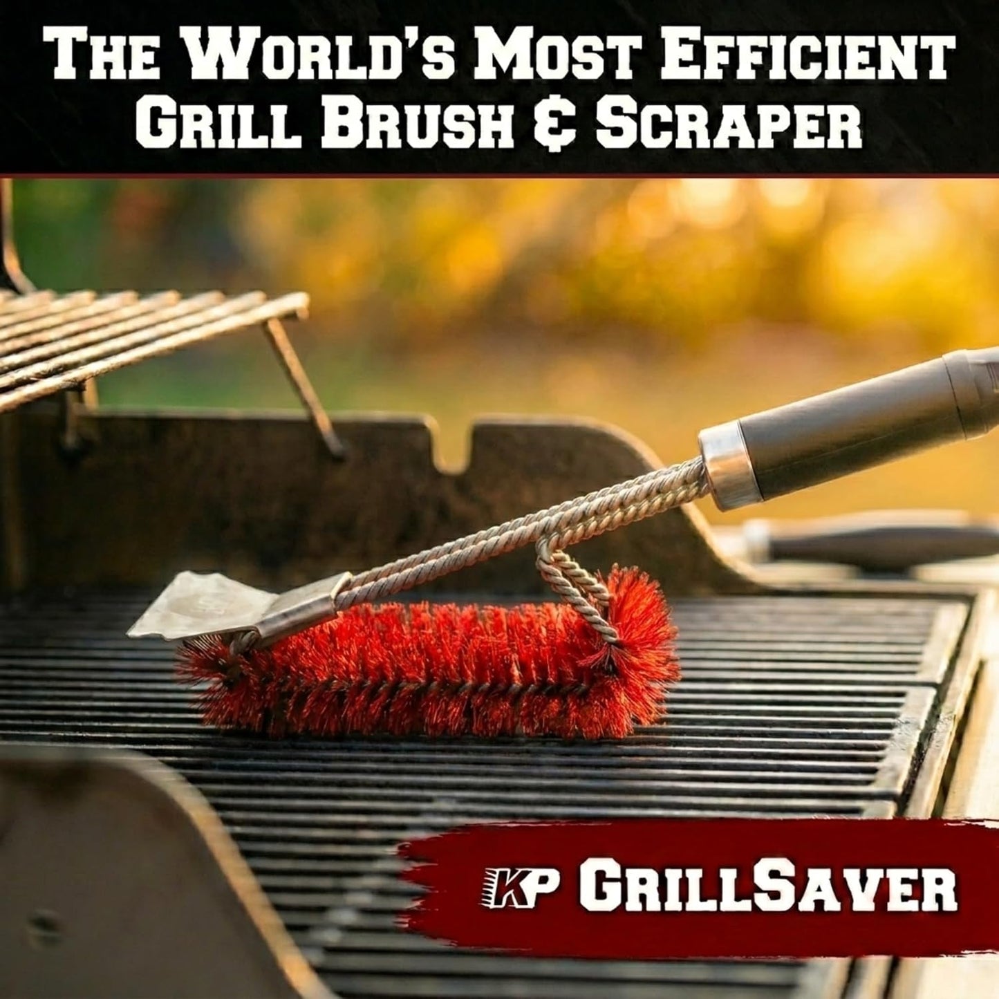 KITCHEN PERFECTION GrillSaver - Safe BBQ Grill Brush for Outdoor Grill with Replaceable Cleaning Head -Heavy-Duty Grill Cleaner with Scraper for All Grates +2 Bonuses -Best Grilling Gifts for Men