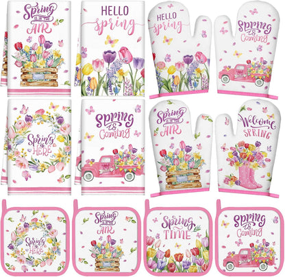 SiliFine 12 Pcs Fall Pumpkin Kitchen Towels Oven Mitts Pot Holders Set