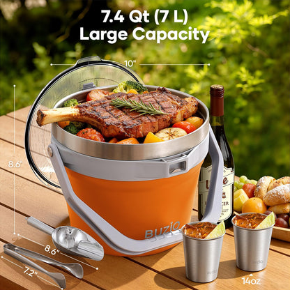 BUZIO 7.4 Qt/7 L Insulated Ice Bucket with Lid, Scoop, Tongs & Metal Cups, Double Wall Vacuum Stainless Steel Beer Bucket, Holds 6 Longnecks/3 Wine Bottles, for Parties Bar, Black