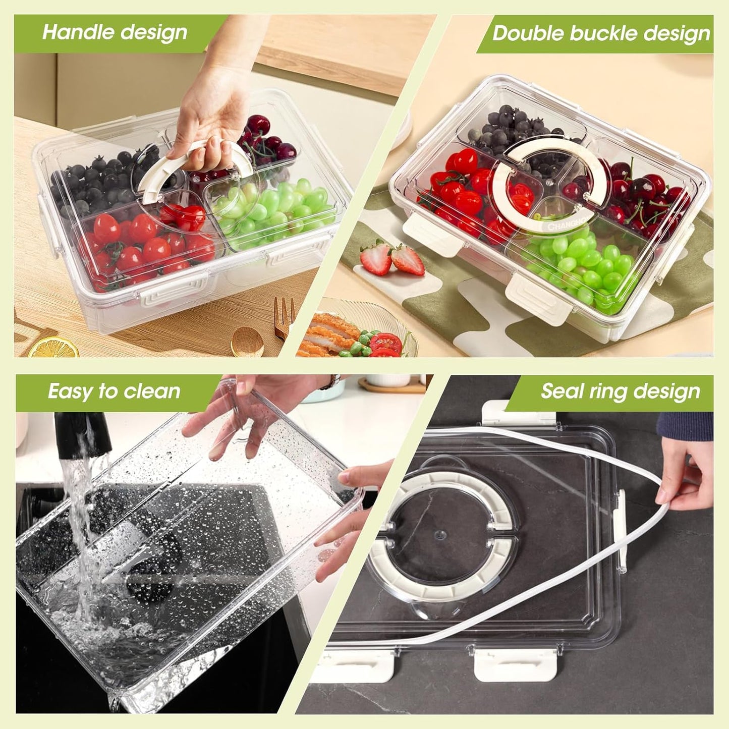 Divided Serving Tray with Lid & Handle, 4 Compartment Removable Snack Box, Kitchen Organizers and Storage, Snackle Box Container, BPA-Free Fruit Storage Container for Berry, Snack, Candy, Nuts…