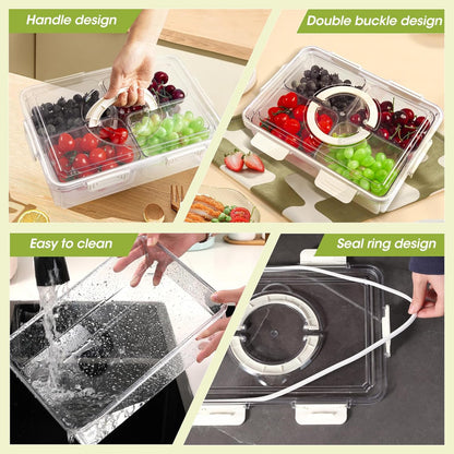 Divided Serving Tray with Lid & Handle, 4 Compartment Removable Snack Box, Kitchen Organizers and Storage, Snackle Box Container, BPA-Free Fruit Storage Container for Berry, Snack, Candy, Nuts…