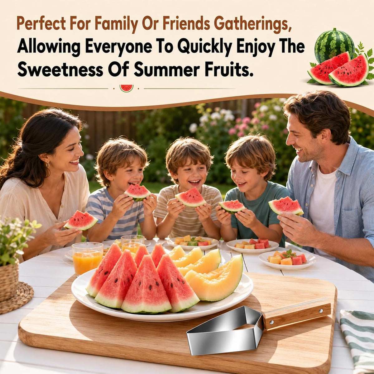 2-packs Triangle Watermelon Cutter, Stainless Steel Watermelon Slicer, Stainless Steel with Wooden Handle for A Wide Variety Watermelon, Cantaloupe, Honeydew