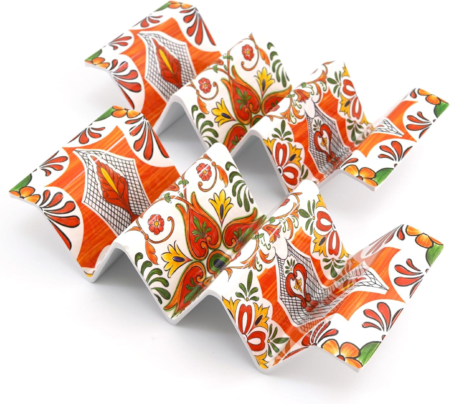 TP Taco Holder Stands, Set of 2 Melamine Large Taco Serving Rack Tray with Handle, Holds 3 Tacos, Dishwasher Safe, Ideal for Taco Night, Party, Home, Fiesta, Talavera Tile