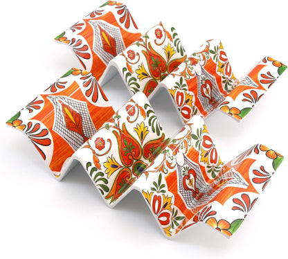 TP Taco Holder Stands, Set of 2 Melamine Large Taco Serving Rack Tray with Handle, Holds 3 Tacos, Dishwasher Safe, Ideal for Taco Night, Party, Home, Fiesta, Talavera Tile